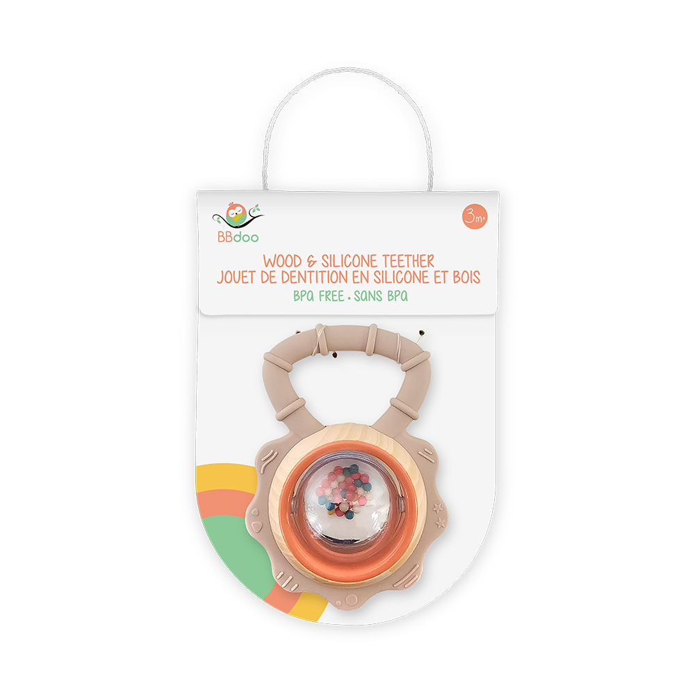 Image Baby Rattle & Teether with Beads - Silicone and Plastic Wood Grain Look